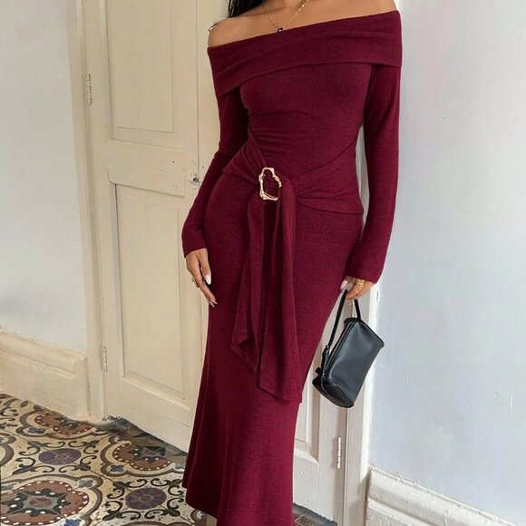 Burgundy Party Women's Fleece Knit Turtleneck Off Shoulder Fitted Dress - Picture 1 of 7